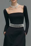 Black Long Sleeve A Line Maxi Formal Dress with Pearls