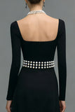 Black Long Sleeve A Line Maxi Formal Dress with Pearls