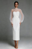 Illusion Neck Ivory Sheath Midi Formal Dress