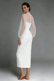 Illusion Neck Ivory Sheath Midi Formal Dress