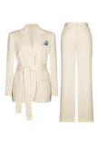 2 Piece Notched Lapel Ivory Women Suits With Belt