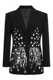 Black Notched Lapel Beaded Prom Blazer With Sequins