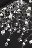 Black Notched Lapel Beaded Prom Blazer With Sequins