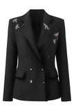 Black Notched Lapel Beaded Double Breasted Blazer