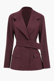 Burgundy Notched Lapel Women Blazer With Belt