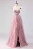 Sparkly Strapless Corset Appliqued Pink Prom Dress