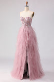 Sparkly Strapless Corset Appliqued Pink Prom Dress