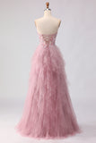 Sparkly Strapless Corset Appliqued Pink Prom Dress
