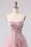 Sparkly Strapless Corset Appliqued Pink Prom Dress