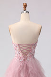 Sparkly Strapless Corset Appliqued Pink Prom Dress