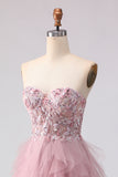 Sparkly Strapless Corset Appliqued Pink Prom Dress