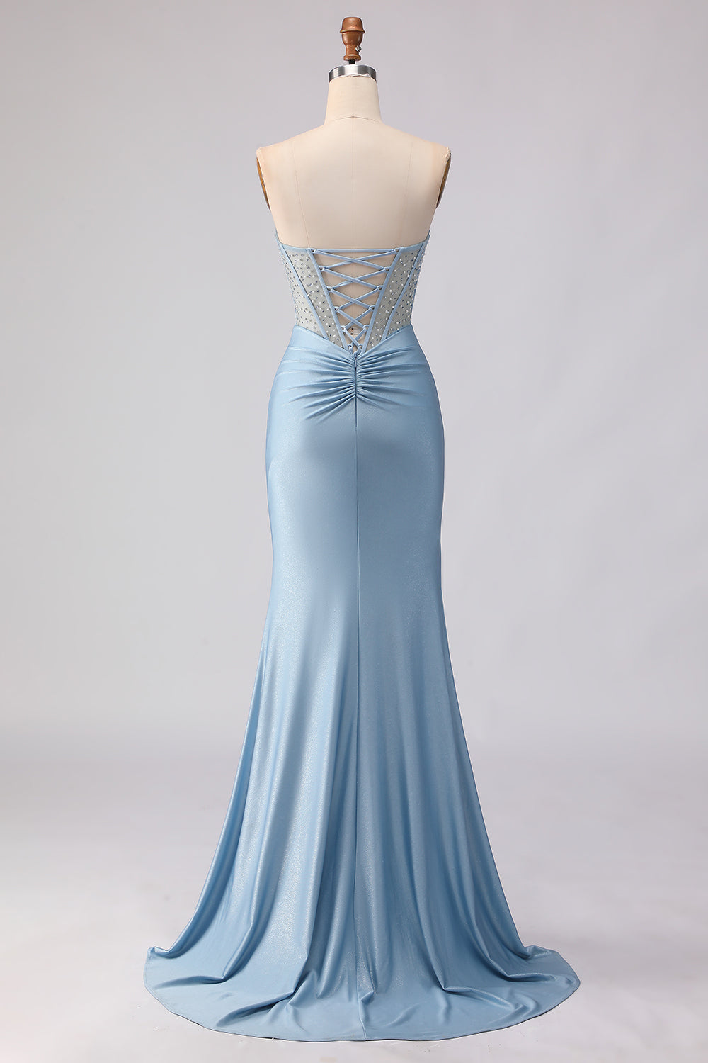 Berylove Women Sky Blue Corset Prom Dress Strapless Mermaid Ruched Beaded Maxi Evening Dress, Sky Blue / US4 Berylove Women Sky Blue Corset Prom Dress Strapless Mermaid Ruched Beaded Maxi Evening Dress, Sky Blue / US4