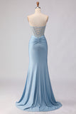 Sky Blue Corset Strapless Mermaid Maxi Prom Dress
