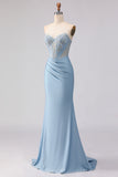 Sky Blue Corset Strapless Mermaid Maxi Prom Dress