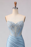 Sky Blue Corset Strapless Mermaid Maxi Prom Dress