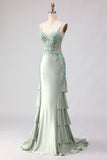 Appliqued Corset Light Green Prom Dress with Ruffles