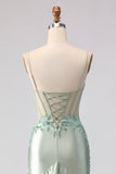 Appliqued Corset Light Green Prom Dress with Ruffles