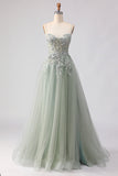 Sage Green A Line Appliqued Corset Sequin Prom Dress