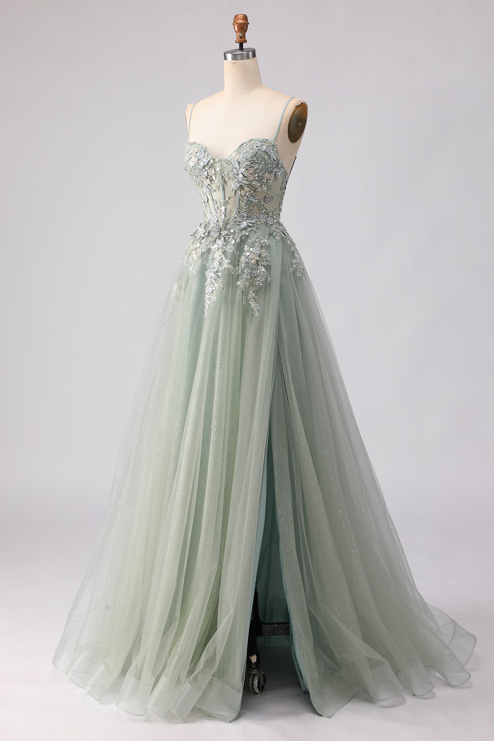 sage green a line prom dress Berylove Women Sage Green A Line Prom Dress Spaghetti Straps Appliqued  Corset Sequin Cut Out Maxi Evening Dress with Slit