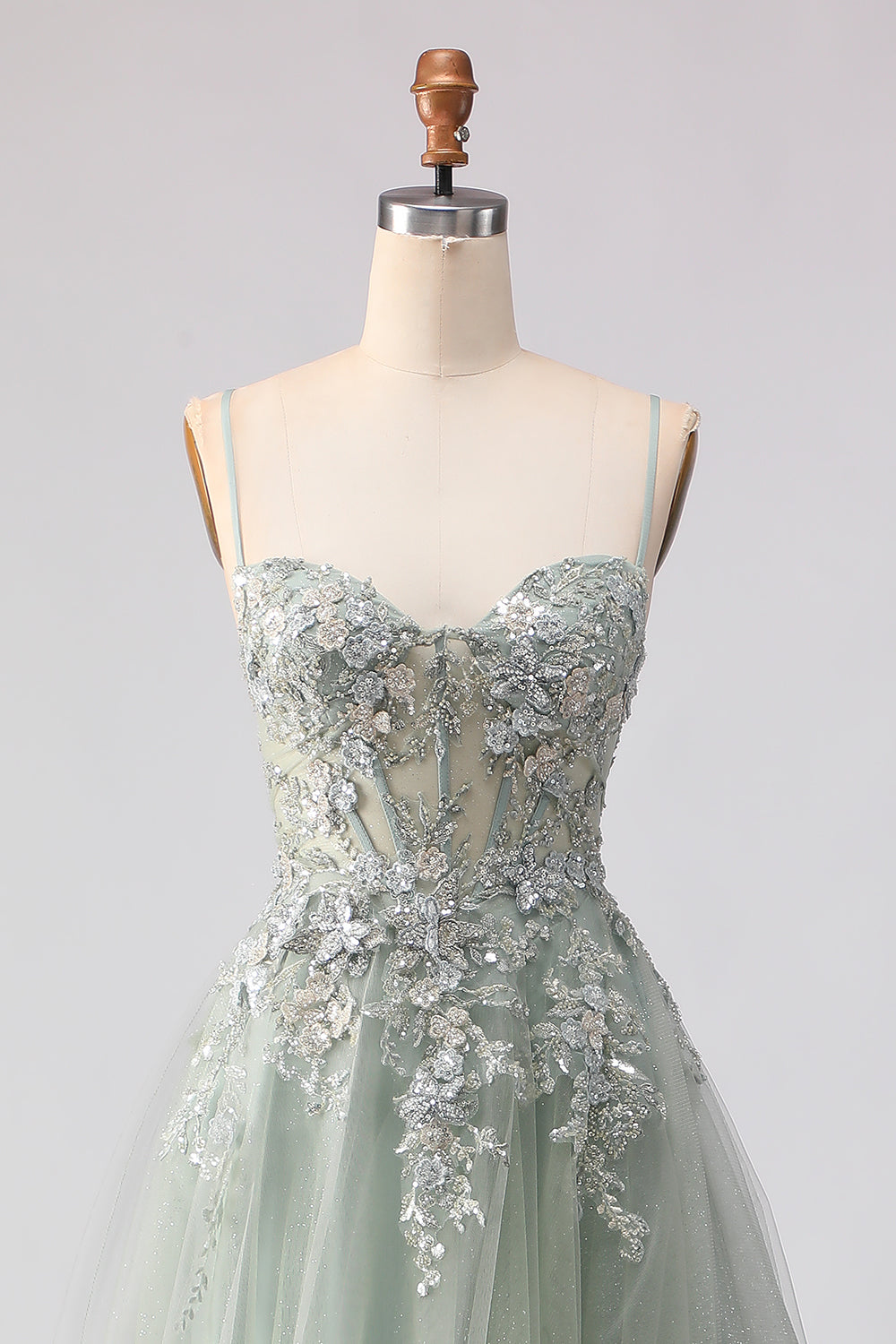 Berylove Women Sage Green A Line Prom Dress Spaghetti Straps Appliqued Corset Sequin Cut Out Maxi Evening Dress with Slit Berylove Women Sage Green A Line Prom Dress Spaghetti Straps Appliqued Corset Sequin Cut Out Maxi Evening Dress with Slit