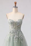 Sage Green A Line Appliqued Corset Sequin Prom Dress