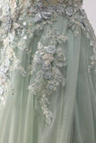 Sage Green A Line Appliqued Corset Sequin Prom Dress