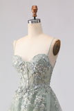 Sage Green A Line Appliqued Corset Sequin Prom Dress