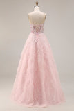 Sparkly Pink A Line Strapless 3D Flowers Prom Dress