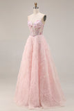 Sparkly Pink A Line Strapless 3D Flowers Prom Dress
