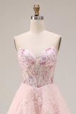 Sparkly Pink A Line Strapless 3D Flowers Prom Dress