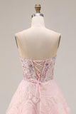 Sparkly Pink A Line Strapless 3D Flowers Prom Dress
