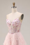 Sparkly Pink A Line Strapless 3D Flowers Prom Dress