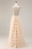 Sparkly Apricot Corset Tiered Ruffled Strapless Prom Dress