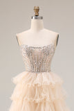 Sparkly Apricot Corset Tiered Ruffled Strapless Prom Dress