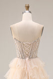 Sparkly Apricot Corset Tiered Ruffled Strapless Prom Dress