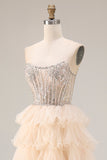Sparkly Apricot Corset Tiered Ruffled Strapless Prom Dress