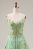 Sparkly Green Corset A Line Maxi Prom Dress