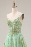Sparkly Green Corset A Line Maxi Prom Dress