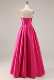 Strapless Fuchsia Satin Ruched A Line Prom Dress