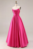 Strapless Fuchsia Satin Ruched A Line Prom Dress
