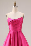 Strapless Fuchsia Satin Ruched A Line Prom Dress