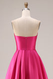 Strapless Fuchsia Satin Ruched A Line Prom Dress