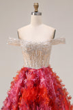 Sparkly Fuchsia Corset Off the Shoulder Prom Dress
