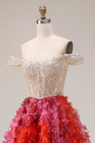 Sparkly Fuchsia Corset Off the Shoulder Prom Dress