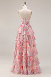 Pink Strapless Corset Floral Tiered Prom Dress