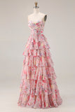 Pink Strapless Corset Floral Tiered Prom Dress