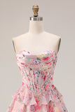 Pink Strapless Corset Floral Tiered Prom Dress