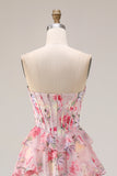 Pink Strapless Corset Floral Tiered Prom Dress