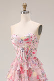 Pink Strapless Corset Floral Tiered Prom Dress