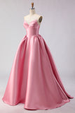 Pink Satin Ball Gown Strapless Prom Dress